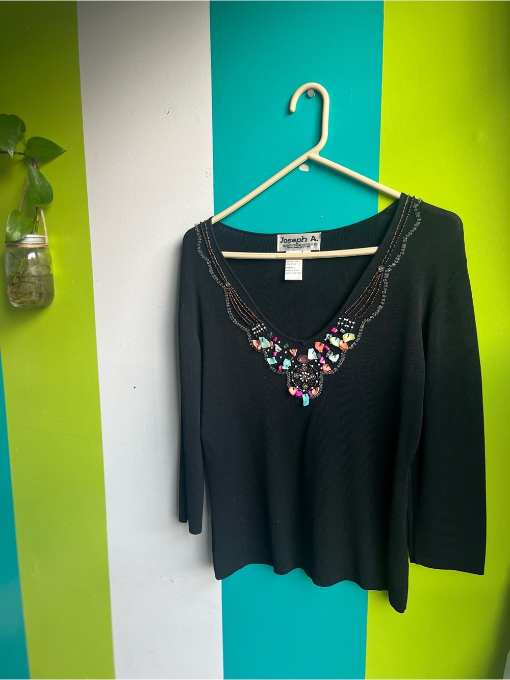 Joseph A Black V-Neck Knit Blouse with Colorful Beaded Stone Neckline